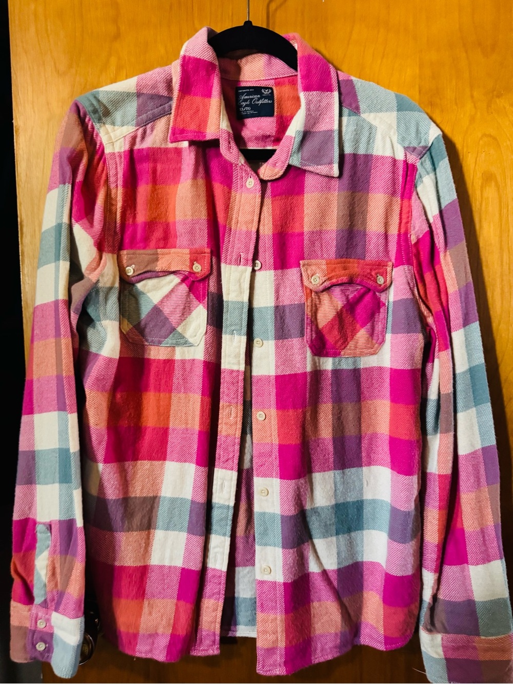 American Eagle Outfitters Pink Plaid Button-Down Shirt